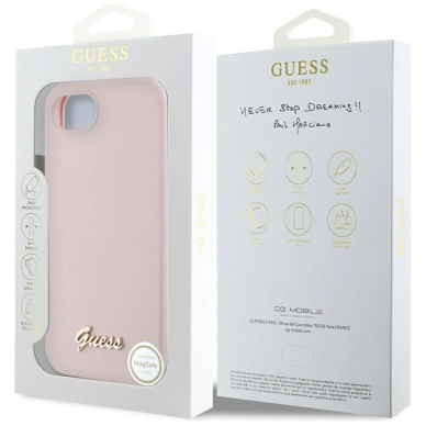 Guess Silikoninis Script Metal Logo MagSafe iPhone 16e Dėklas - Rožinis 7