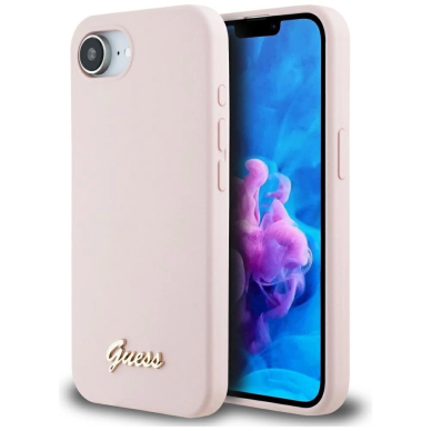 Guess Silikoninis Script Metal Logo MagSafe iPhone 16e Dėklas - Rožinis