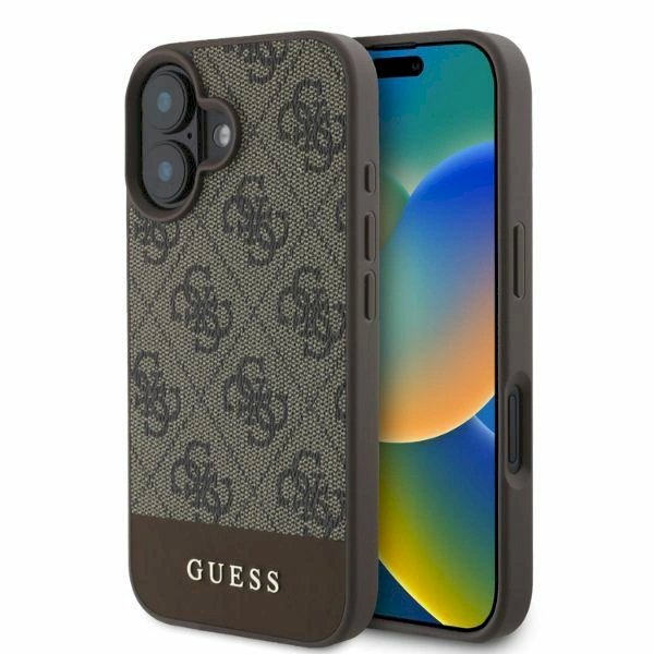 Guess 4G Bottom Stripe iPhone 16 dėklas - rudas Guess 4G Bottom Stripe iPhone 16 dėklas - rudas