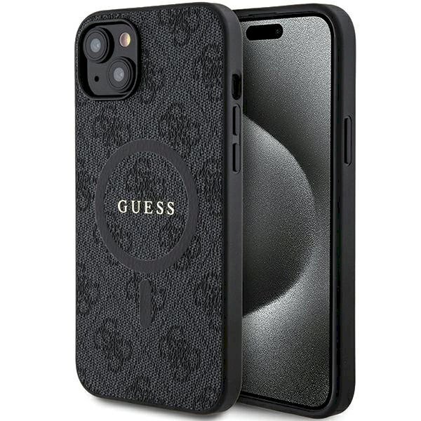 iPhone 14/15/13 dėklas Guess 4G Collection iš odos su metaliniu logotipu ir MagSafe – juodas iPhone 14/15/13 dėklas Guess 4G Collection iš odos su metaliniu logotipu ir MagSafe – juodas