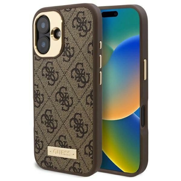 iPhone 16 Plus – Guess 4G Logo Plate MagSafe dėklas - Rudas iPhone 16 Plus – Guess 4G Logo Plate MagSafe dėklas - Rudas