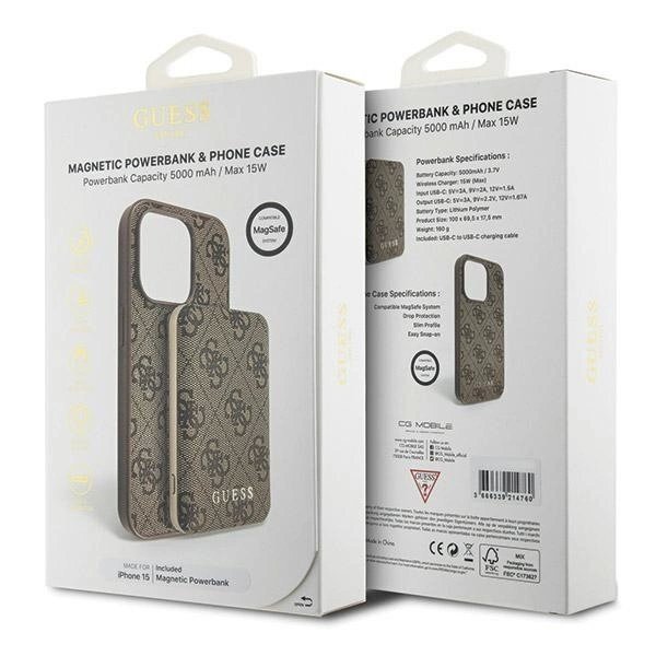 Guess 4G Metal Logo Dėklas set iPhone 15 + 5000mAh MagSafe power bank - Rudas 10 Guess 4G Metal Logo Dėklas set iPhone 15 + 5000mAh MagSafe power bank - Rudas 10