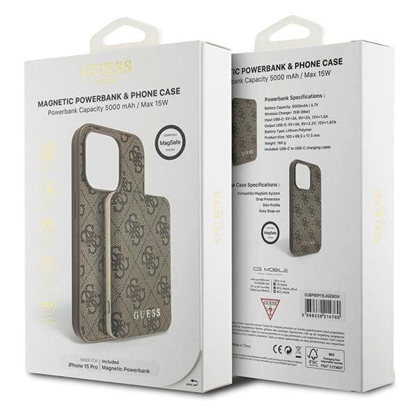 Guess 4G Metal Logo Dėklas set iPhone 15 Pro + 5000mAh MagSafe power bank - Rudas 10 Guess 4G Metal Logo Dėklas set iPhone 15 Pro + 5000mAh MagSafe power bank - Rudas 10