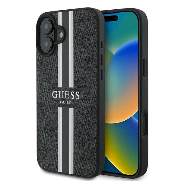 Guess 4G Printed Stripes MagSafe Dėklas iPhone 16 Plus - juodas Guess 4G Printed Stripes MagSafe Dėklas iPhone 16 Plus - juodas