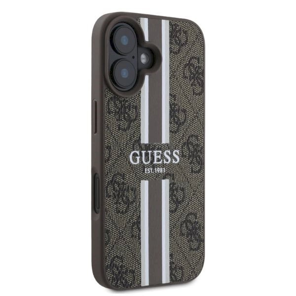 Guess 4G Printed Stripes MagSafe iPhone 16 Dėklas - rudas 1 Guess 4G Printed Stripes MagSafe iPhone 16 Dėklas - rudas 1