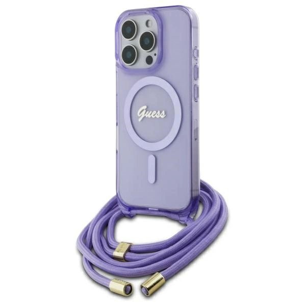 Dėklas Guess Crossbody Cord Script MagSafe iPhone 16 Pro - Violetinis Dėklas Guess Crossbody Cord Script MagSafe iPhone 16 Pro - Violetinis