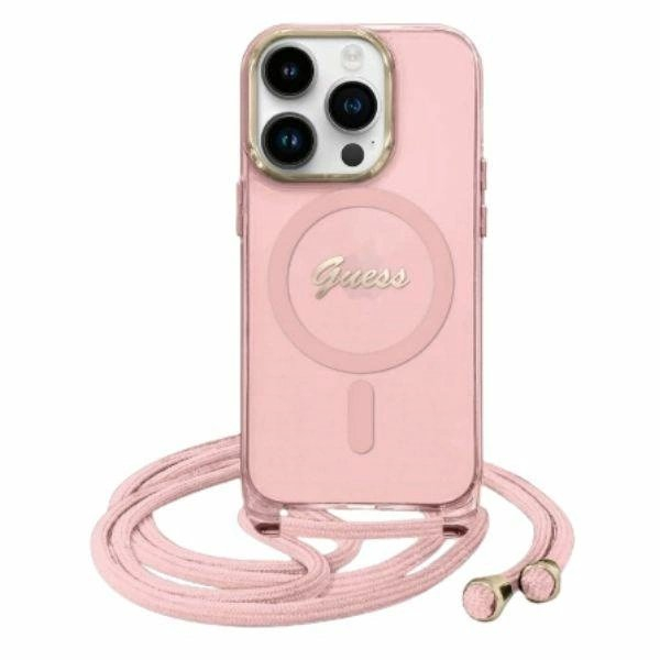 Dėklas Guess Crossbody Cord Script MagSafe iPhone 16 - Rožinis Dėklas Guess Crossbody Cord Script MagSafe iPhone 16 - Rožinis