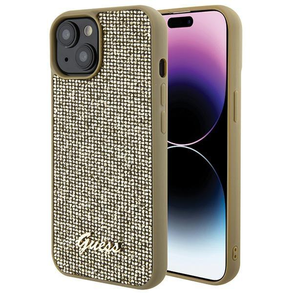 Dėklas Guess Disco Metal Script   iPhone 15 - Auksinis Dėklas Guess Disco Metal Script   iPhone 15 - Auksinis