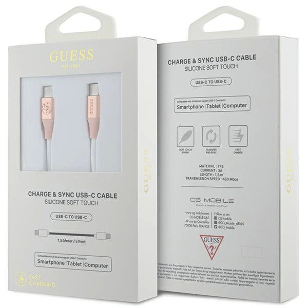 Guess Ebossed Logo USB-C / USB-C Kabelis 1.5m Fast Charging - Rožinis 1 Guess Ebossed Logo USB-C / USB-C Kabelis 1.5m Fast Charging - Rožinis 1