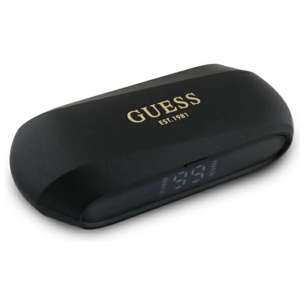 Belaidės ausinės Guess Elongated Metallic Printed Logo TWS + įkrovimo stotelė – juodos
