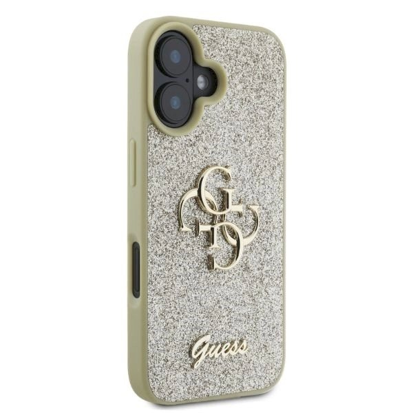 Guess Fixed Glitter Big 4G iPhone 16 Dėklas - auksinis 1 Guess Fixed Glitter Big 4G iPhone 16 Dėklas - auksinis 1
