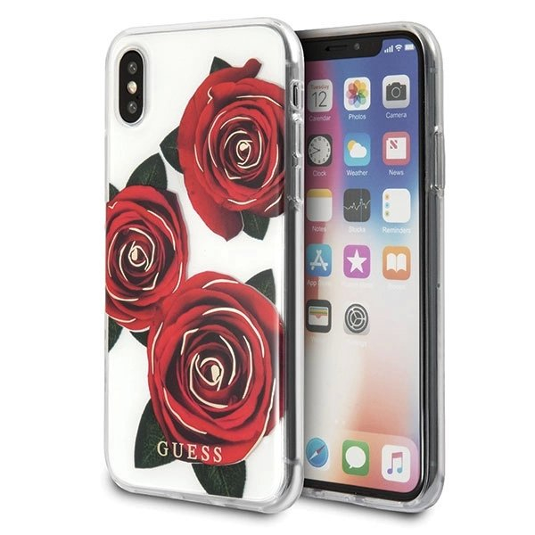 Guess Flower Desire Raudonas Rose iPhone X Dėklas - Permatomas