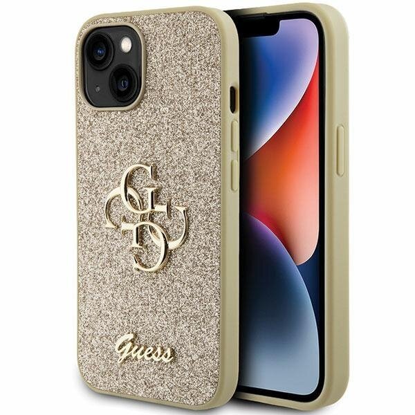 Dėklas Guess Glitter Script Big 4G iPhone 15 - Auksinis Dėklas Guess Glitter Script Big 4G iPhone 15 - Auksinis