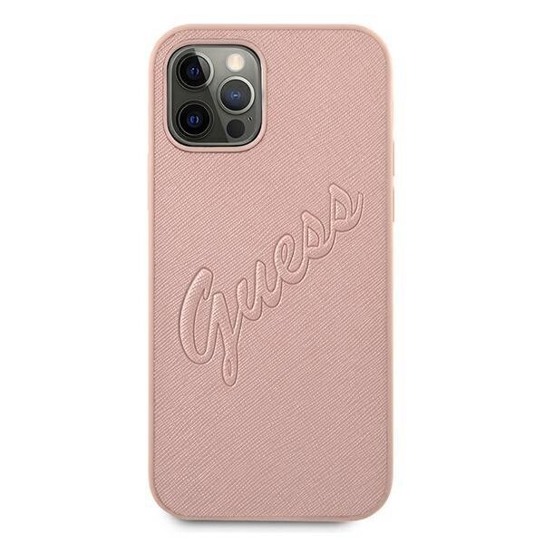 Originalus Guess dėklas GUHCP12LRSAVSRG iPhone 12 Pro Max 6.7 Rožinis Saffiano Vintage Script 2