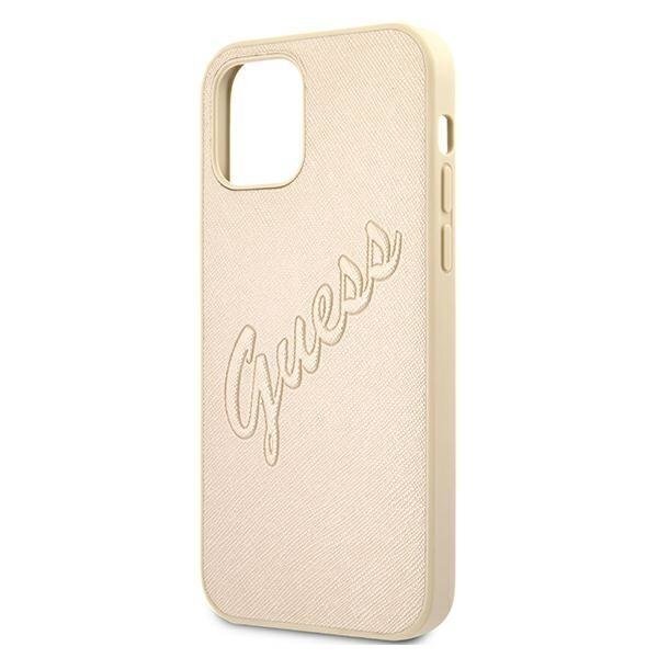 Originalus Guess dėklas GUHCP12MRSAVSLG iPhone 12/12 Pro 6.1 Auksinis Saffiano Vintage Script 5