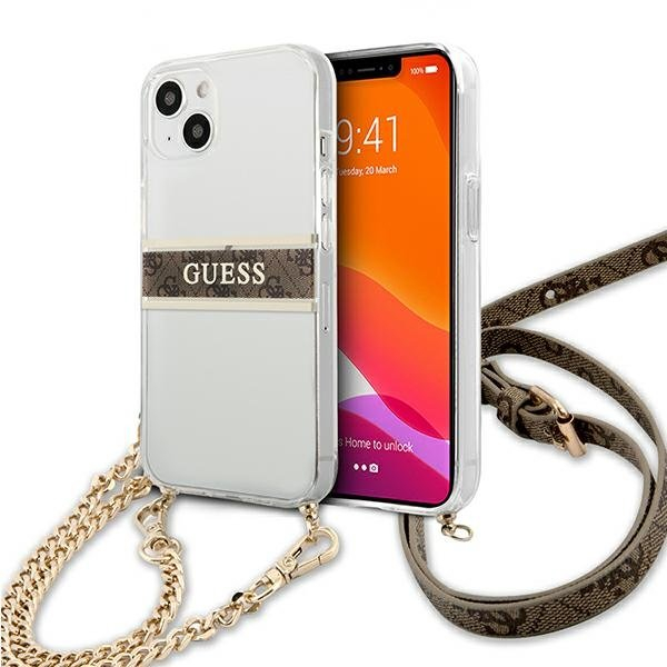 Originalus Guess dėklas GUHCP13SKC4GBGO iPhone 13 mini 5,4 Permatomas 4G Brown Strap Gold Chain Originalus Guess dėklas GUHCP13SKC4GBGO iPhone 13 mini 5,4 Permatomas 4G Brown Strap Gold Chain
