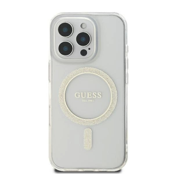iPhone 16 Pro Guess GUHMP16LHFGERET kietas permatomas dėklas IML Glitter Circle MagSafe 2