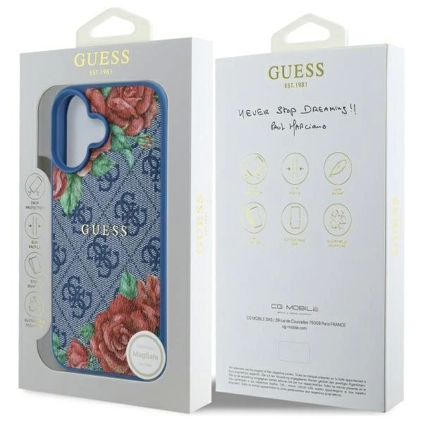 Guess GUHMP16SP4ROPEMCB iPhone 16 6.1&quot; Mėlynas/Mėlynas hardcase 4G Flowers Print MagSafe 7