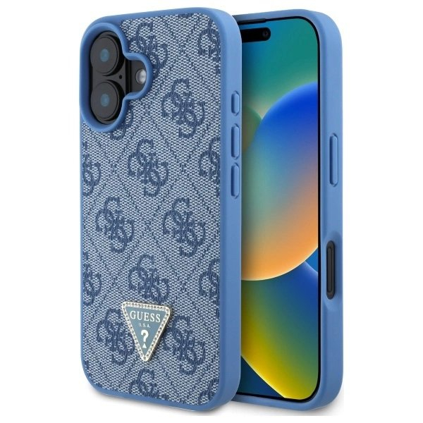 iPhone 16 Guess Hardcase Leather 4G Triangle Strass MagSafe dėklas - mėlynas iPhone 16 Guess Hardcase Leather 4G Triangle Strass MagSafe dėklas - mėlynas