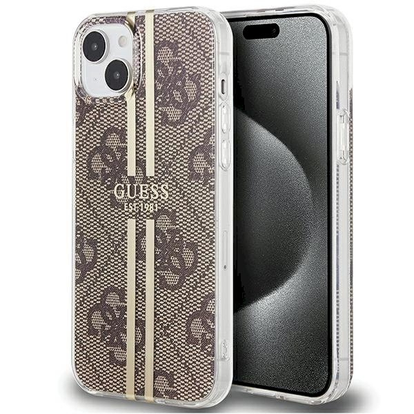 Originalus Guess dėklas IML 4G Auksinis StripeiPhone 15 Plus / 14 Plus - Rudas