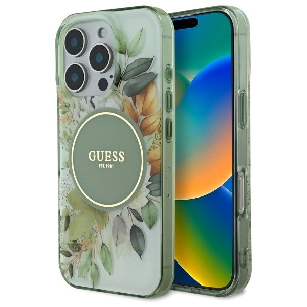 iPhone 16 Pro – Guess IML Flower & Tonal Circle MagSafe dėklas - Žalias
