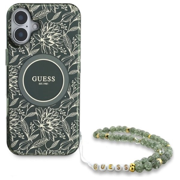 iPhone 16 Plus – Guess IML Flowers Allover Electro With Pearl Strap MagSafe dėklas - Žalias 1
