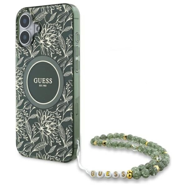 iPhone 16 Plus – Guess IML Flowers Allover Electro With Pearl Strap MagSafe dėklas - Žalias iPhone 16 Plus – Guess IML Flowers Allover Electro With Pearl Strap MagSafe dėklas - Žalias