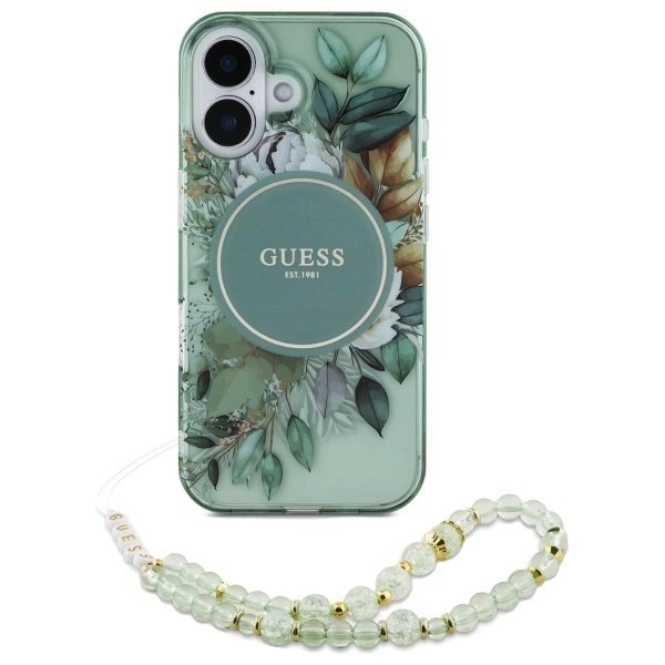 iPhone 16 Plus – Guess IML Flowers With Pearl Strap MagSafe dėklas - Žalias 1