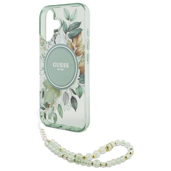 iPhone 16 Plus – Guess IML Flowers With Pearl Strap MagSafe dėklas - Žalias 4