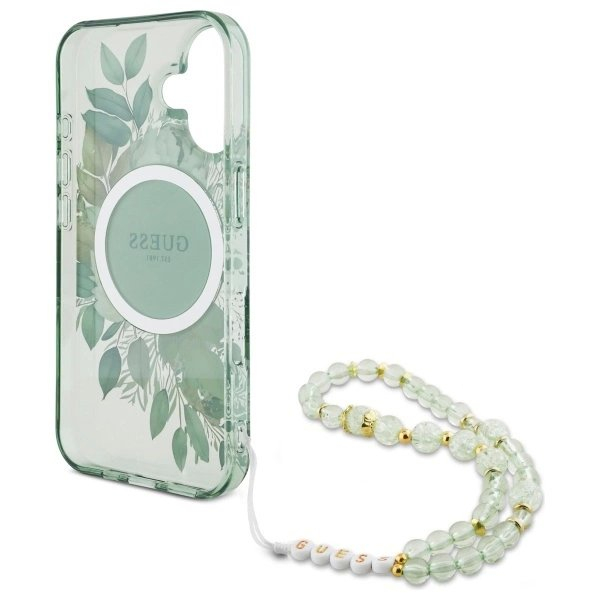 iPhone 16 Plus – Guess IML Flowers With Pearl Strap MagSafe dėklas - Žalias 5