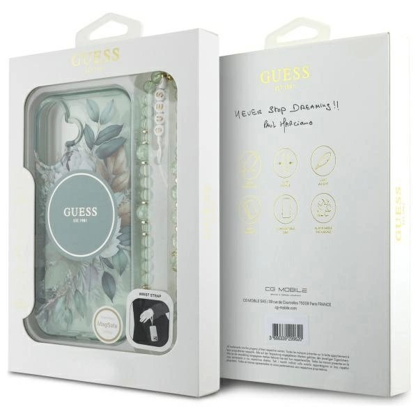 iPhone 16 Plus – Guess IML Flowers With Pearl Strap MagSafe dėklas - Žalias 6
