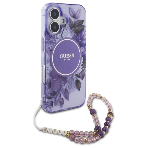 iPhone 16 Plus – Guess IML Flowers su perlų dirželiu MagSafe dėklas - Violetinis 2 iPhone 16 Plus – Guess IML Flowers su perlų dirželiu MagSafe dėklas - Violetinis 2