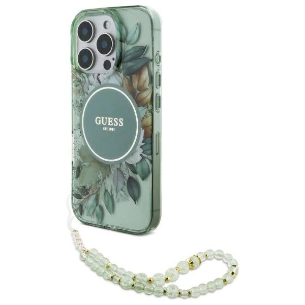 iPhone 16 Pro Guess IML Flowers su perlų dirželiu MagSafe dėklas – žalias iPhone 16 Pro Guess IML Flowers su perlų dirželiu MagSafe dėklas – žalias