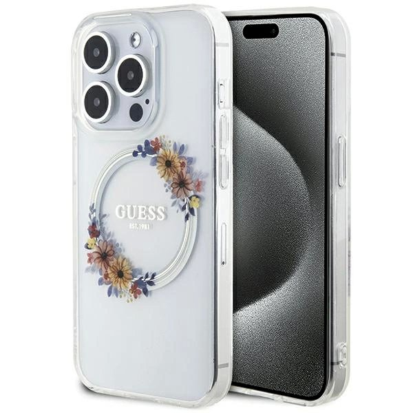 Guess IML Flowers Wreatch MagSafe Dėklas skirtas iPhone 15 Pro - Permatomas Guess IML Flowers Wreatch MagSafe Dėklas skirtas iPhone 15 Pro - Permatomas