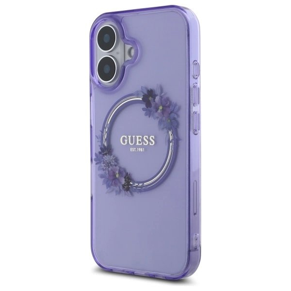 Dėklas Guess IML Flowers Wreath MagSafe iPhone 16 - Violetinis 1 Dėklas Guess IML Flowers Wreath MagSafe iPhone 16 - Violetinis 1