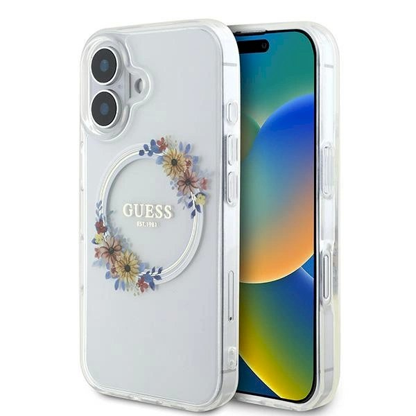 Dėklas Guess IML Flowers Wreath MagSafe iPhone 16 Plus - Clear Dėklas Guess IML Flowers Wreath MagSafe iPhone 16 Plus - Clear