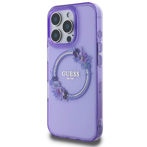 iPhone 16 Pro – Guess IML Flowers Wreath MagSafe dėklas - Violetinis 1 iPhone 16 Pro – Guess IML Flowers Wreath MagSafe dėklas - Violetinis 1