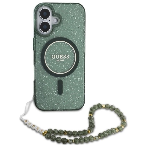 iPhone 16 Plus – Guess IML Glitter With Pearl Strap MagSafe dėklas - Žalias 1 iPhone 16 Plus – Guess IML Glitter With Pearl Strap MagSafe dėklas - Žalias 1