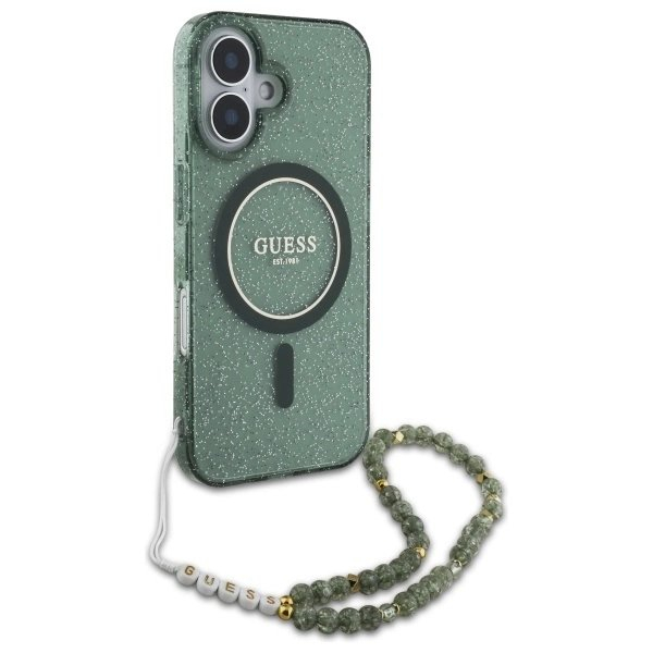 iPhone 16 Plus – Guess IML Glitter With Pearl Strap MagSafe dėklas - Žalias 2 iPhone 16 Plus – Guess IML Glitter With Pearl Strap MagSafe dėklas - Žalias 2