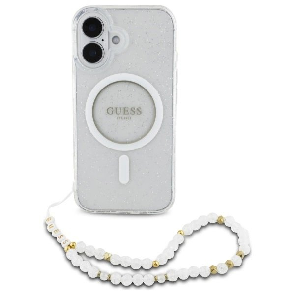 iPhone 16 Plus – Guess IML Glitter With Pearl Strap MagSafe dėklas - Skaidrus 1