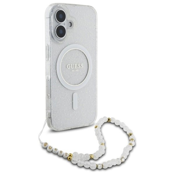 iPhone 16 Plus – Guess IML Glitter With Pearl Strap MagSafe dėklas - Skaidrus 2