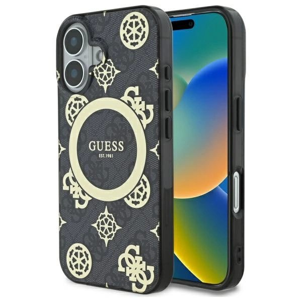 iPhone 16 – Guess IML Peony On 4G Background MagSafe dėklas - Juodas
