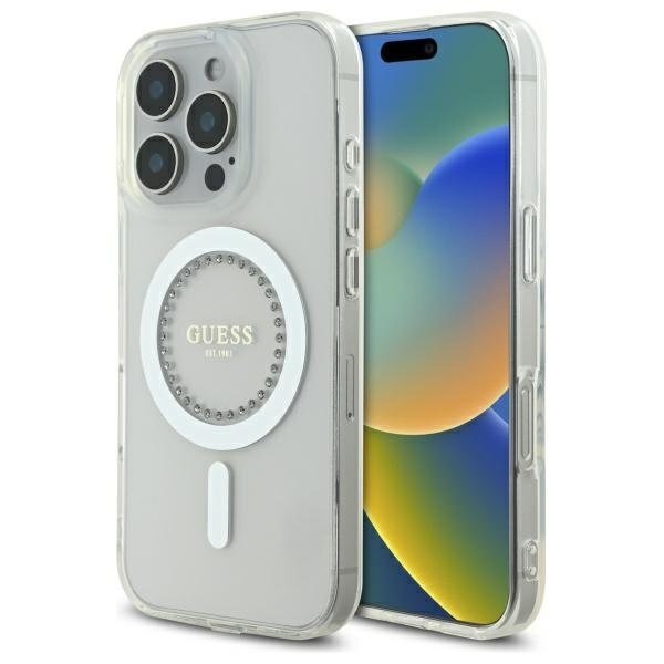 iPhone 16 Pro Max Guess IML Rhinestones MagSafe dėklas – baltas