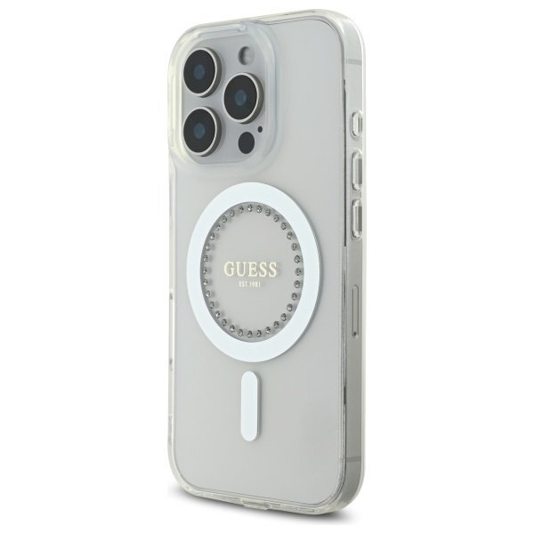 iPhone 16 Pro Guess IML Rhinestones MagSafe dėklas – baltas 1