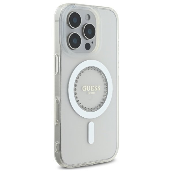 iPhone 16 Pro Guess IML Rhinestones MagSafe dėklas – baltas 3