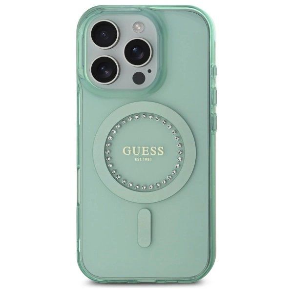 iPhone 16 Pro – Guess IML Rhinestones MagSafe dėklas - Žalias 2 iPhone 16 Pro – Guess IML Rhinestones MagSafe dėklas - Žalias 2