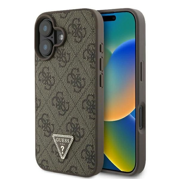 iPhone 16 Plus – Guess Leather 4G Triangle Strass MagSafe dėklas - Rudas