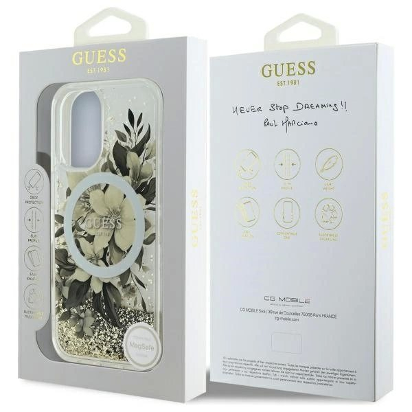 iPhone 16 – Guess Liquid Glitter Flower MagSafe dėklas - Smėlinis 7