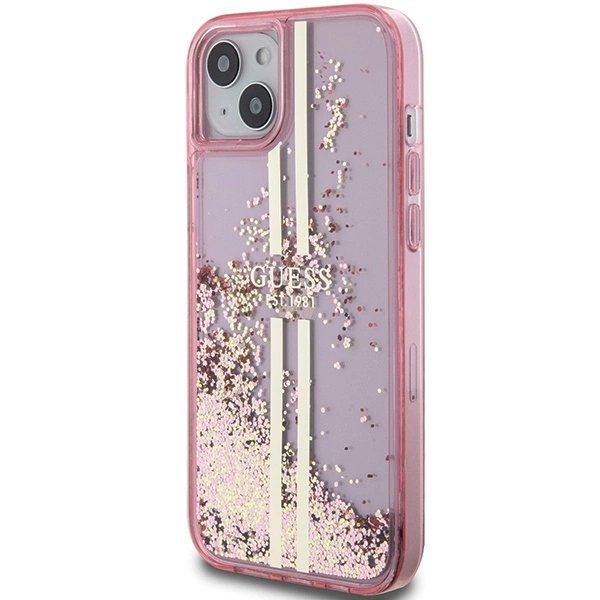 Originalus Guess dėklas Liquid Glitter Auksinis StripesiPhone 15 Plus / 14 Plus - Rožinis 1 Originalus Guess dėklas Liquid Glitter Auksinis StripesiPhone 15 Plus / 14 Plus - Rožinis 1