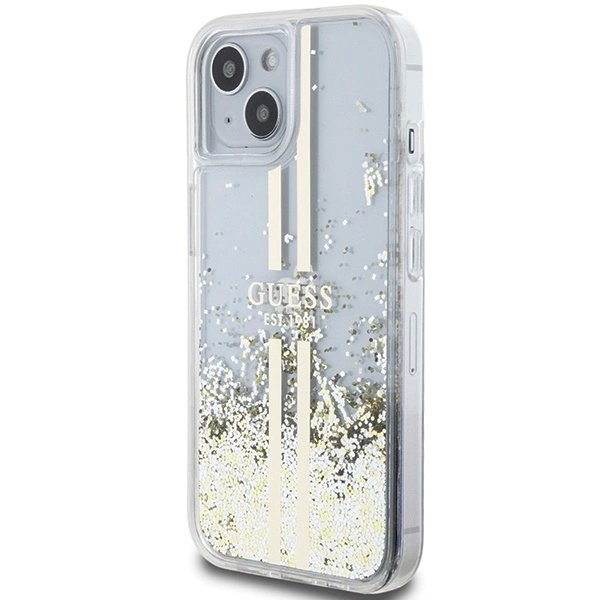 Originalus Guess dėklas Liquid Glitter Auksinis StripesiPhone 15 Plus / 14 Plus - transparent 1 Originalus Guess dėklas Liquid Glitter Auksinis StripesiPhone 15 Plus / 14 Plus - transparent 1